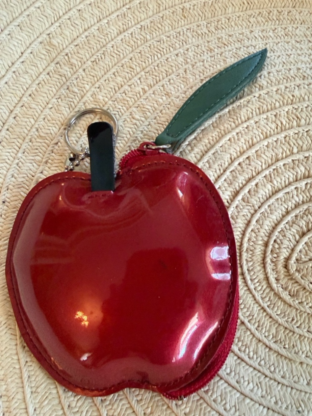 Red Apple Coin Purse Keychain with Green Leaf